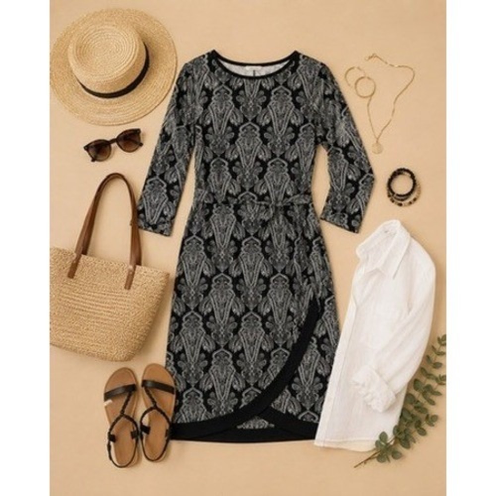 41 Hawthorn Black White Paisley Damask Faux Wrap Sheath Dress 3/4 Sleeve Size S